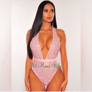 NWT Blush Iridescent Rhinestones Halter Multi Wear Swimsuit - Small - Small